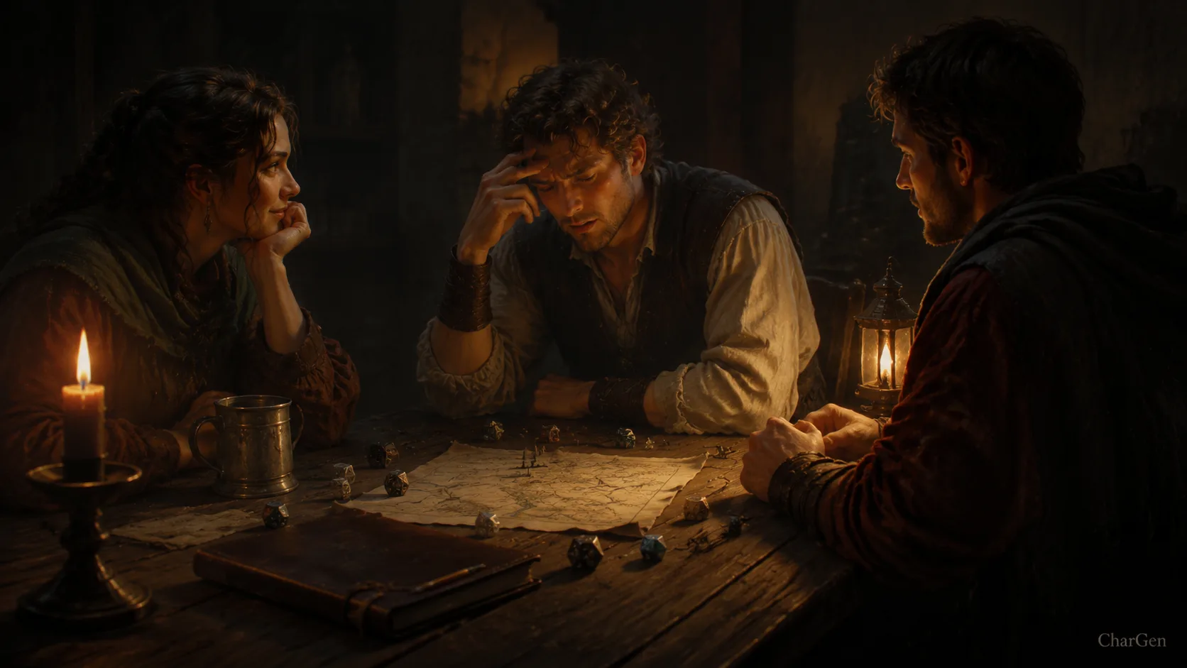 Three players at a candlelit table waiting while one strains to remember what happened last session
