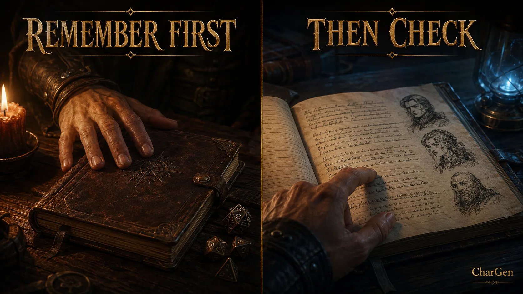 Two-panel illustration reading Remember First and Then Check, showing a closed campaign journal beside an open session recap page