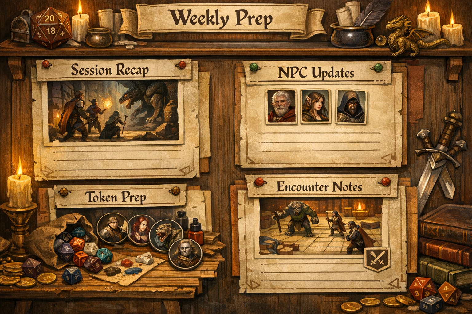 Weekly DM prep timeline showing recap, NPC updates, and asset generation blocks