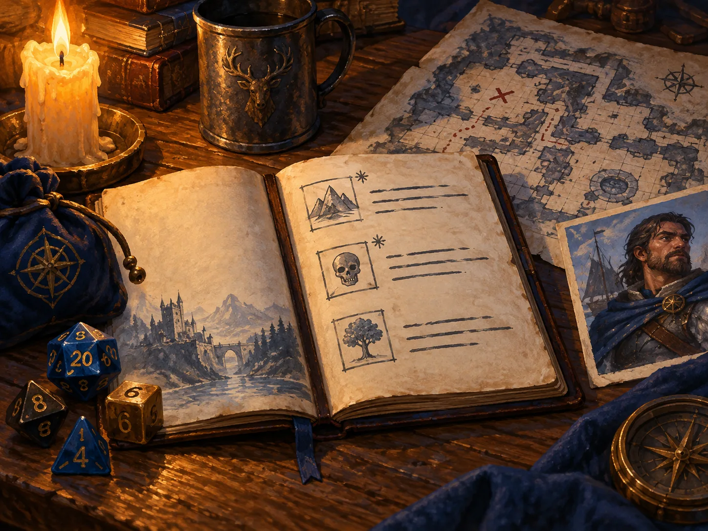 Dice, a campaign journal, and a character portrait show important VTT rolls becoming short session recap anchors
