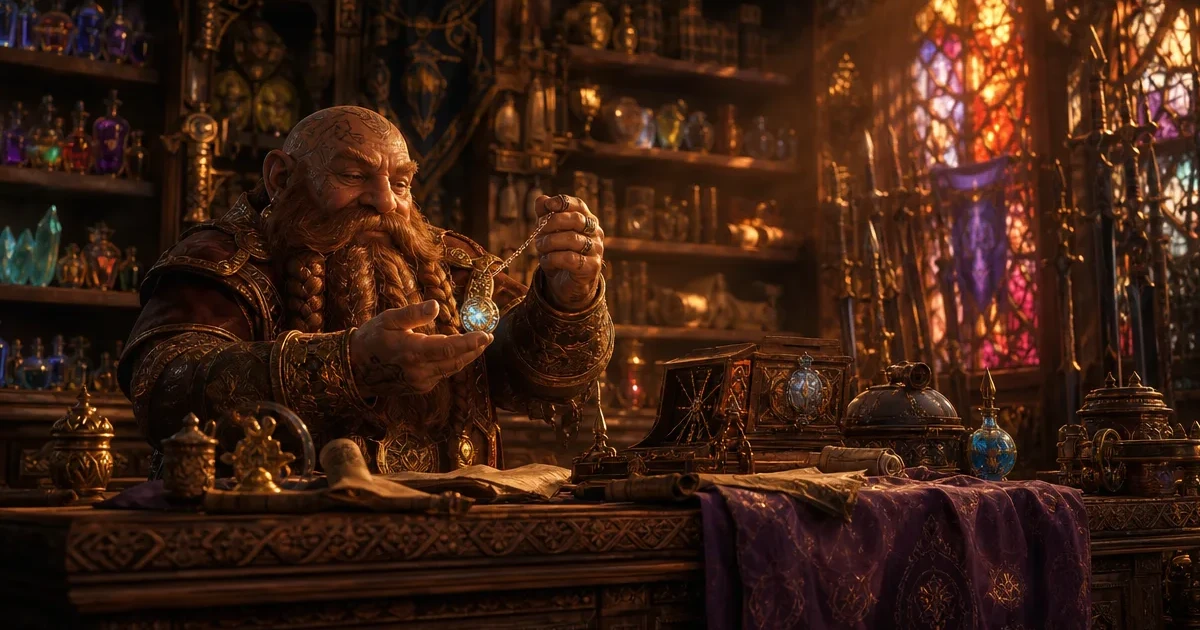A richly detailed fantasy merchant shop interior with a dwarf shopkeeper examining a glowing amulet behind a carved wooden counter