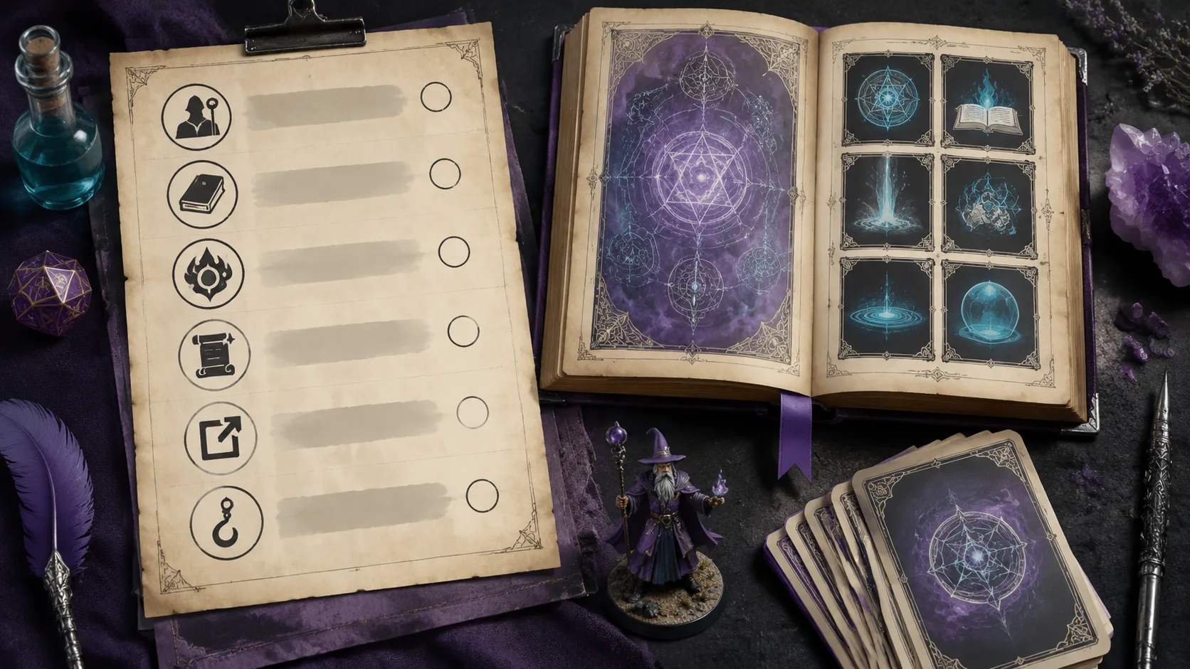A D&D spellbook comparison workflow with level, ruleset, filters, lore, and table-use checks marked on one page