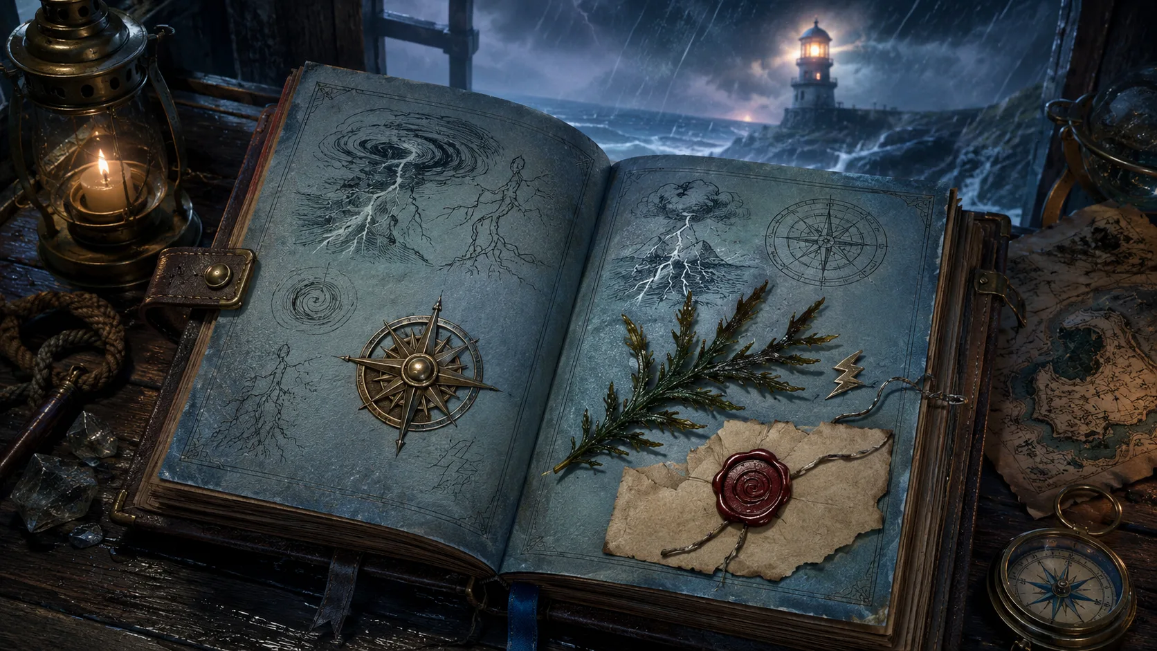 A fantasy spellbook handout shows a storm wizard's owner note, a spell list, a hidden clue, and a clear next action for the party