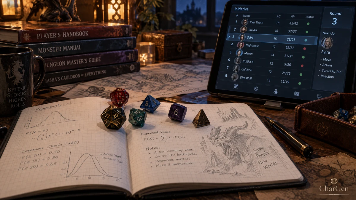 A DM's notebook covered in probability curve sketches next to a scatter of polyhedral dice and a tablet showing a combat initiative tracker