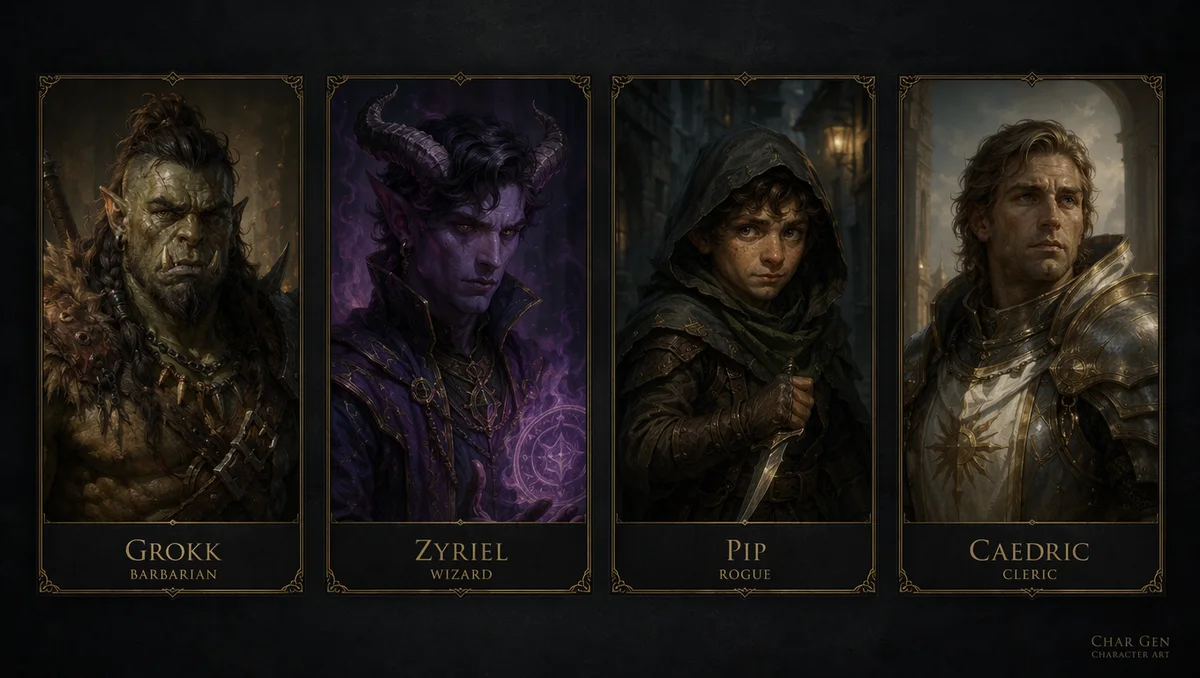 Four fantasy adventurer portraits shown as character cards on a dark slate background, a barbarian, a wizard, a rogue, and a cleric