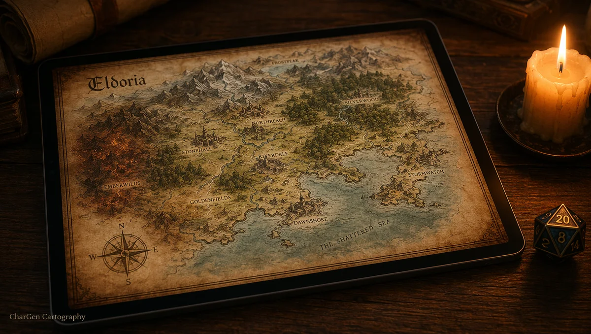 A fantasy world map on aged parchment shown on a tablet on a wooden table, beside a d20 and a candle