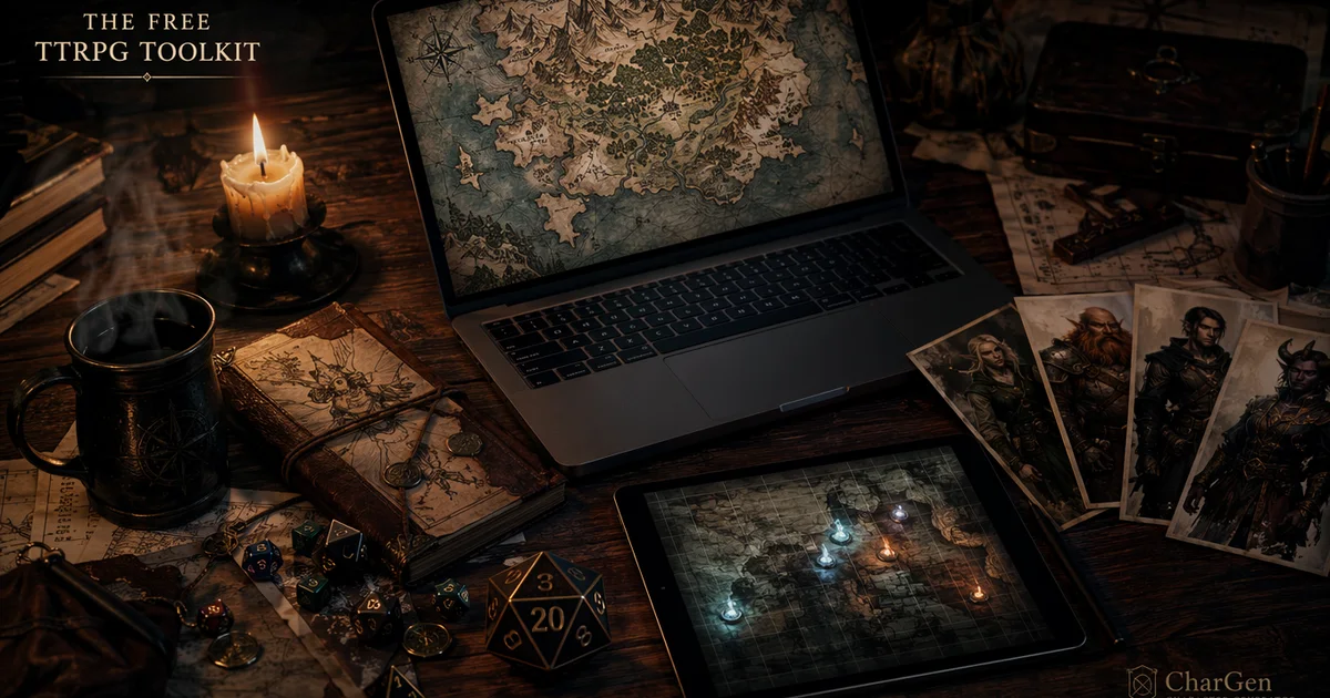 A dungeon master's desk at night with a laptop showing a fantasy map, a tablet showing a battlemap, dice, and printed character portraits