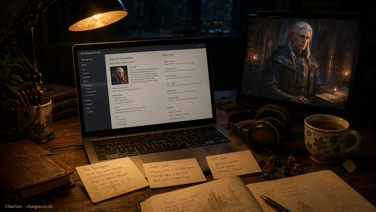 A cosy worldbuilding desk at night with a laptop showing a campaign wiki, a second screen with an NPC portrait, headphones, tea, and index cards