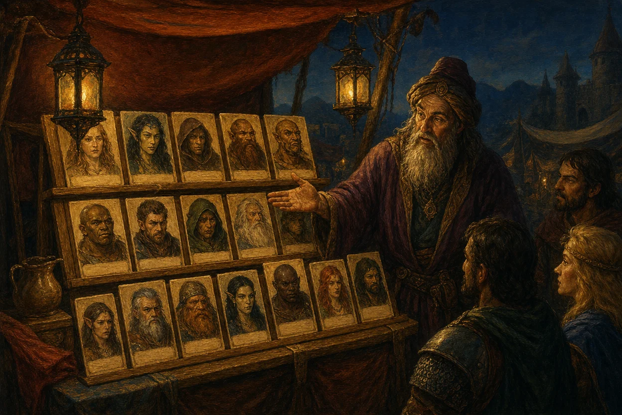 A market stall arrayed with NPC portrait cards on a wooden display, the merchant a robed sage gesturing at the wares, each card showing a different fantasy face with a one-line trait, lanterns above, evening sky