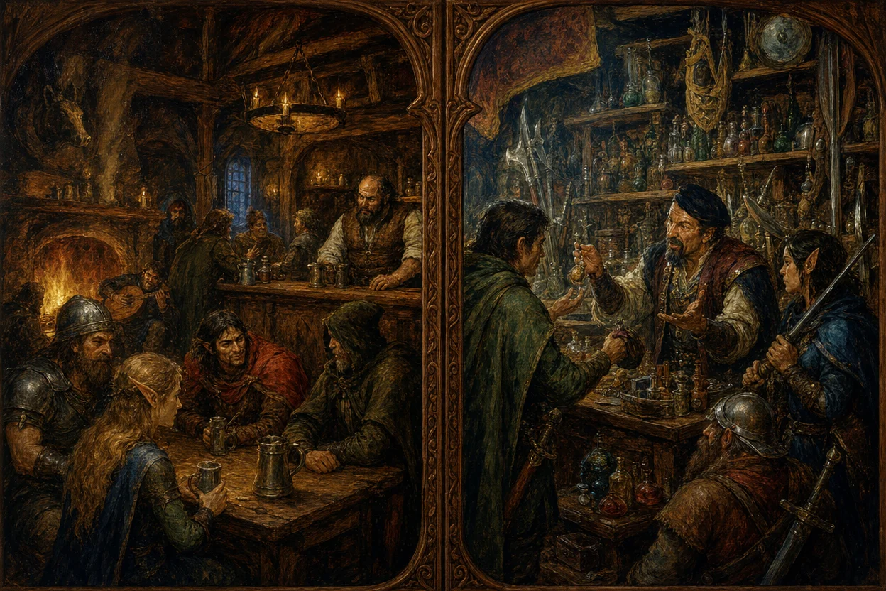 A split scene, on one side a cosy fantasy tavern interior with a fire, patrons, and a barkeep; on the other a busy fantasy shop interior with shelves of bottles and weapons and a haggling shopkeeper, divided by an ornate wooden frame as if two pages of a book
