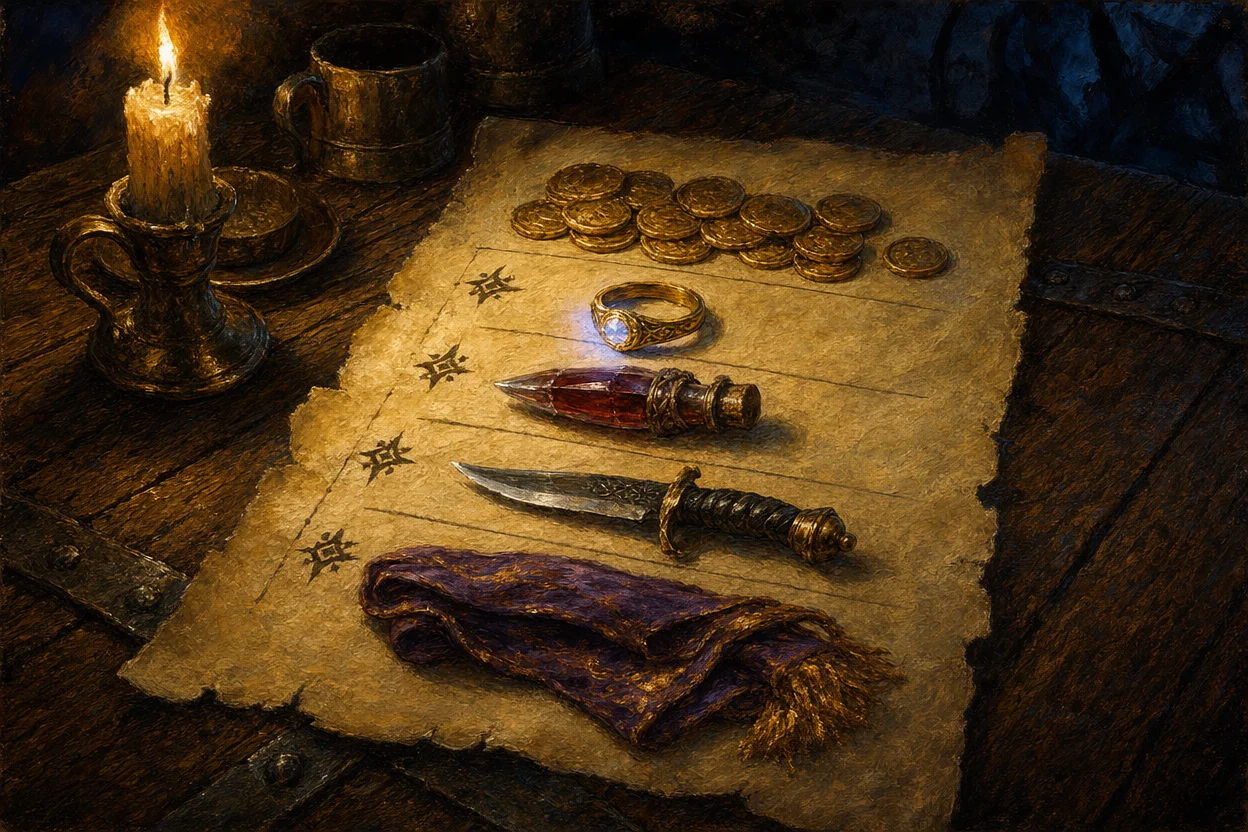 A wooden tavern table covered with rolled-out parchment showing a loot list in calligraphic ink, gold coins, a glowing ring, a sealed potion, a small dagger, a folded silk scarf, actual props laid on top of the corresponding entries, with a candle nearby