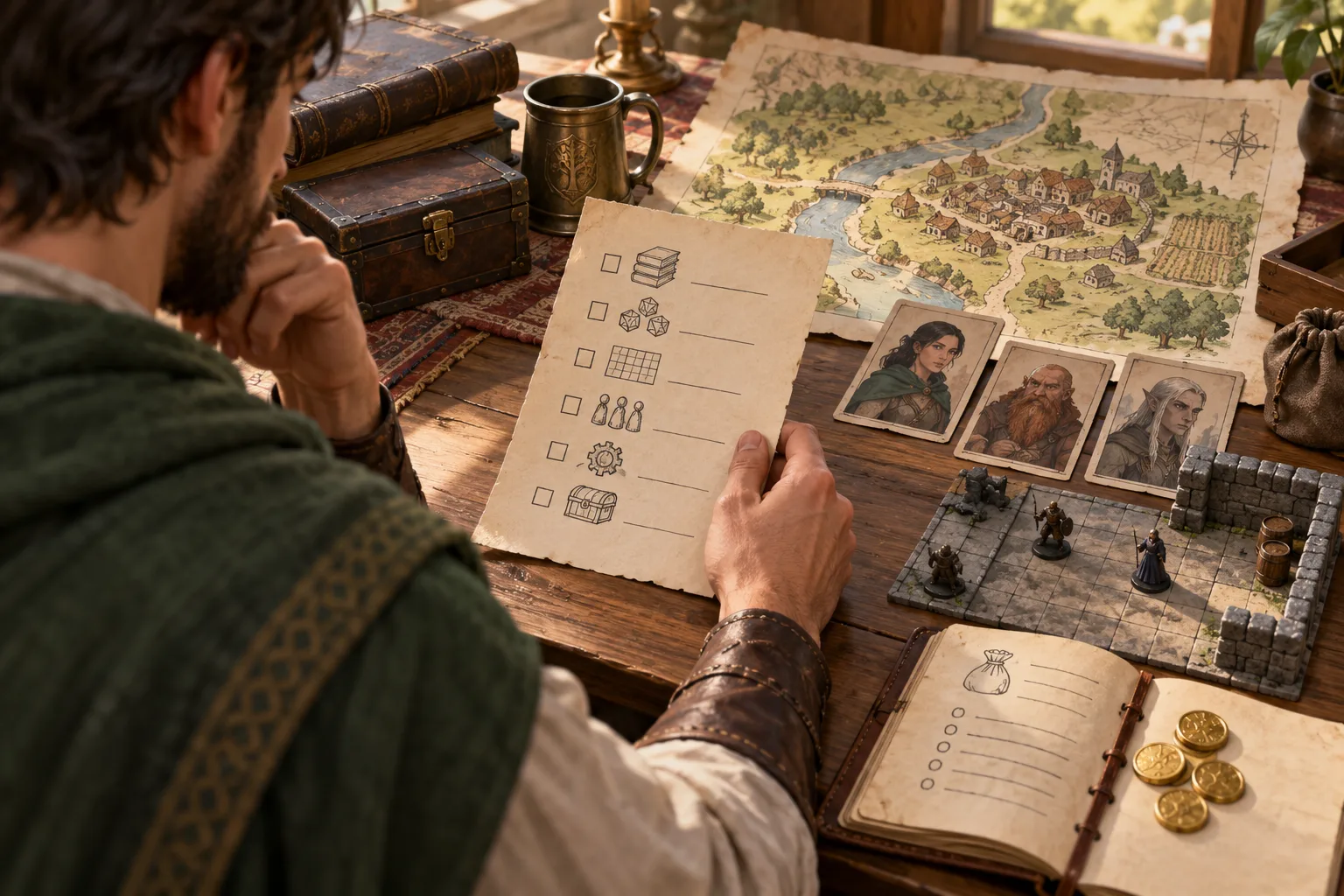 A DM reviews a fantasy map, NPC portraits, a prep checklist, and coins on a table