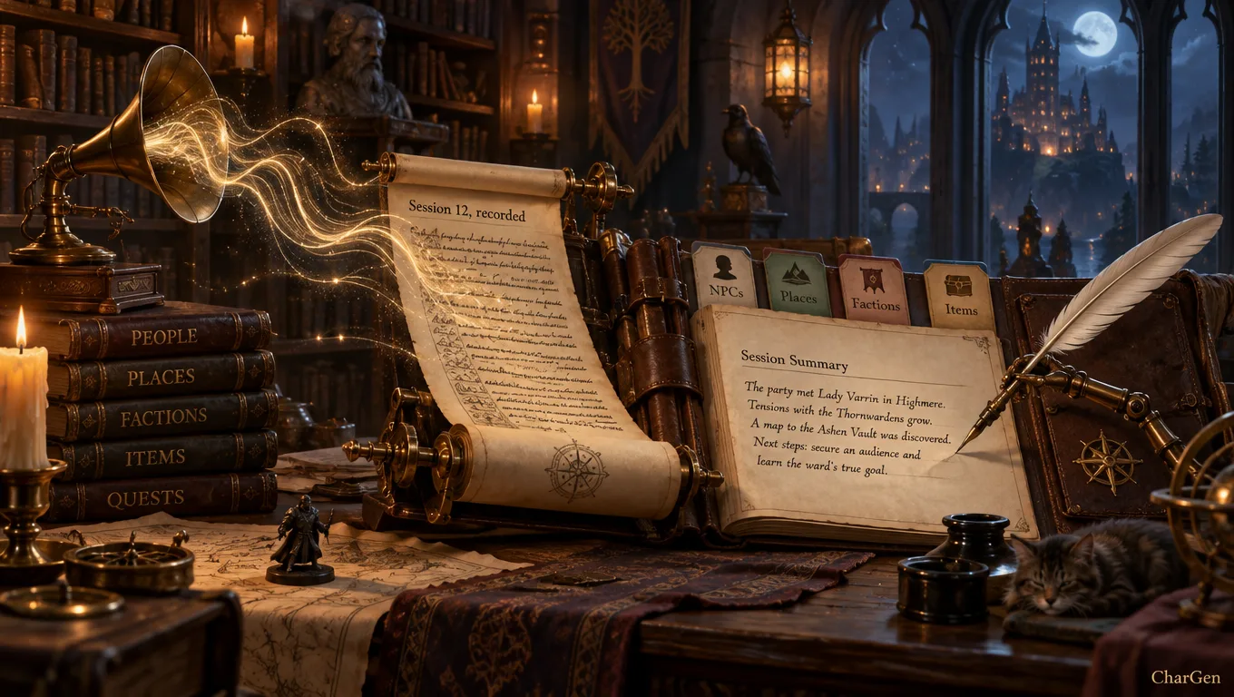 A fantasy scriptorium where sound from a brass speaking-horn turns into ink on a parchment scroll that feeds a tabbed campaign wiki of NPCs, places, factions and items