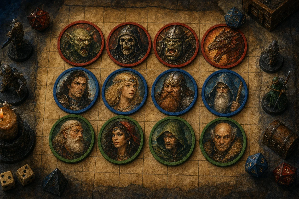 A 4x3 grid of fantasy character tokens on a tactical battlemap, each token a circular portrait with a coloured border (red for monsters, blue for allies, green for NPCs) with dice and miniatures scattered alongside