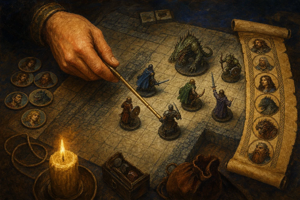 An overhead view of a campaign battlemap with circular fantasy tokens placed on grid squares, a hand reaching in with a brass measuring rod, painted miniatures replacing the tokens in some squares, and a parchment initiative tracker on the side