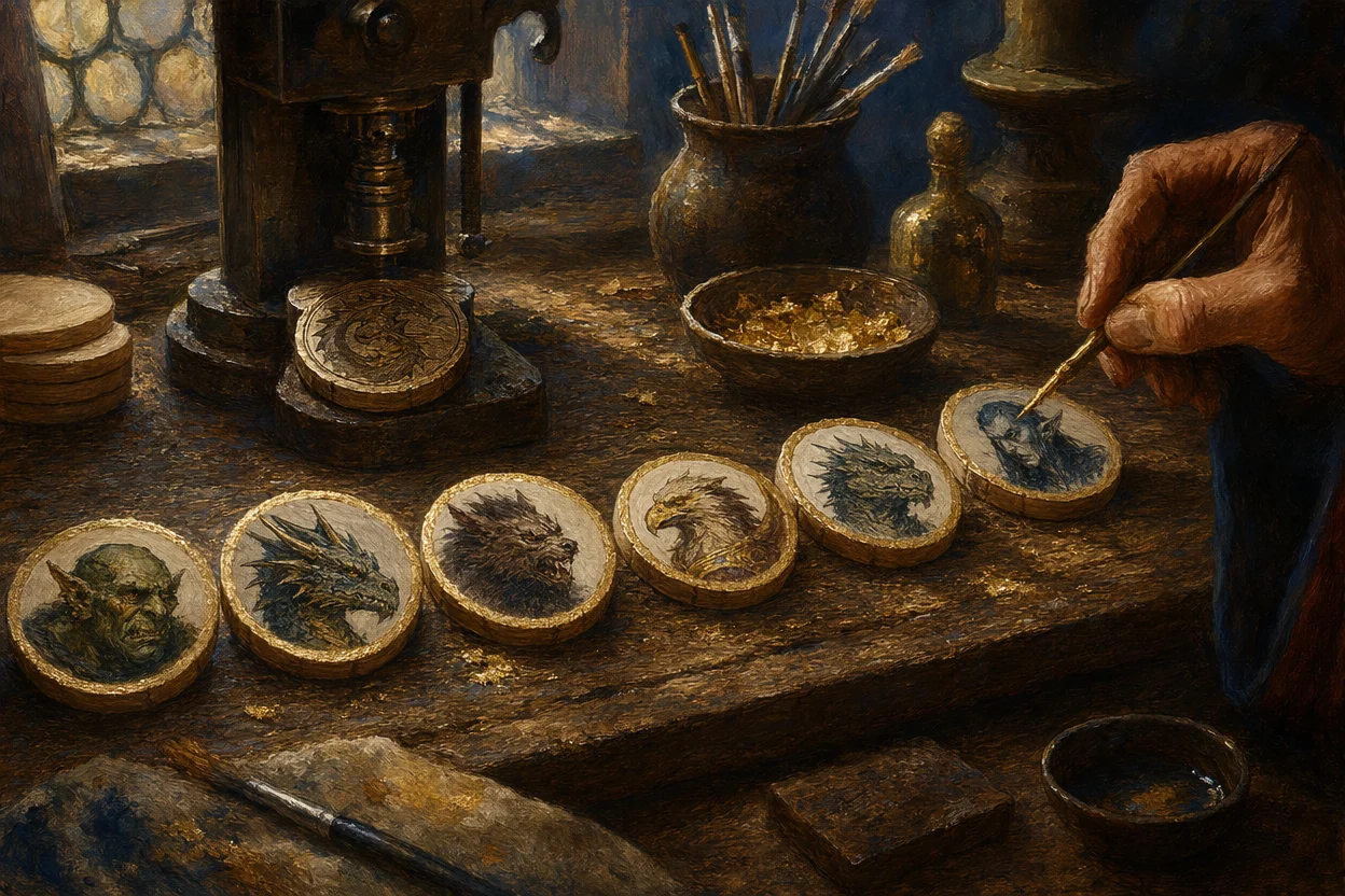 A row of freshly-cut wooden token blanks on an artisan's bench, each one stamped with a different fantasy creature portrait by a small enchanted press, with gold-leaf border being applied with a thin brush in soft afternoon light