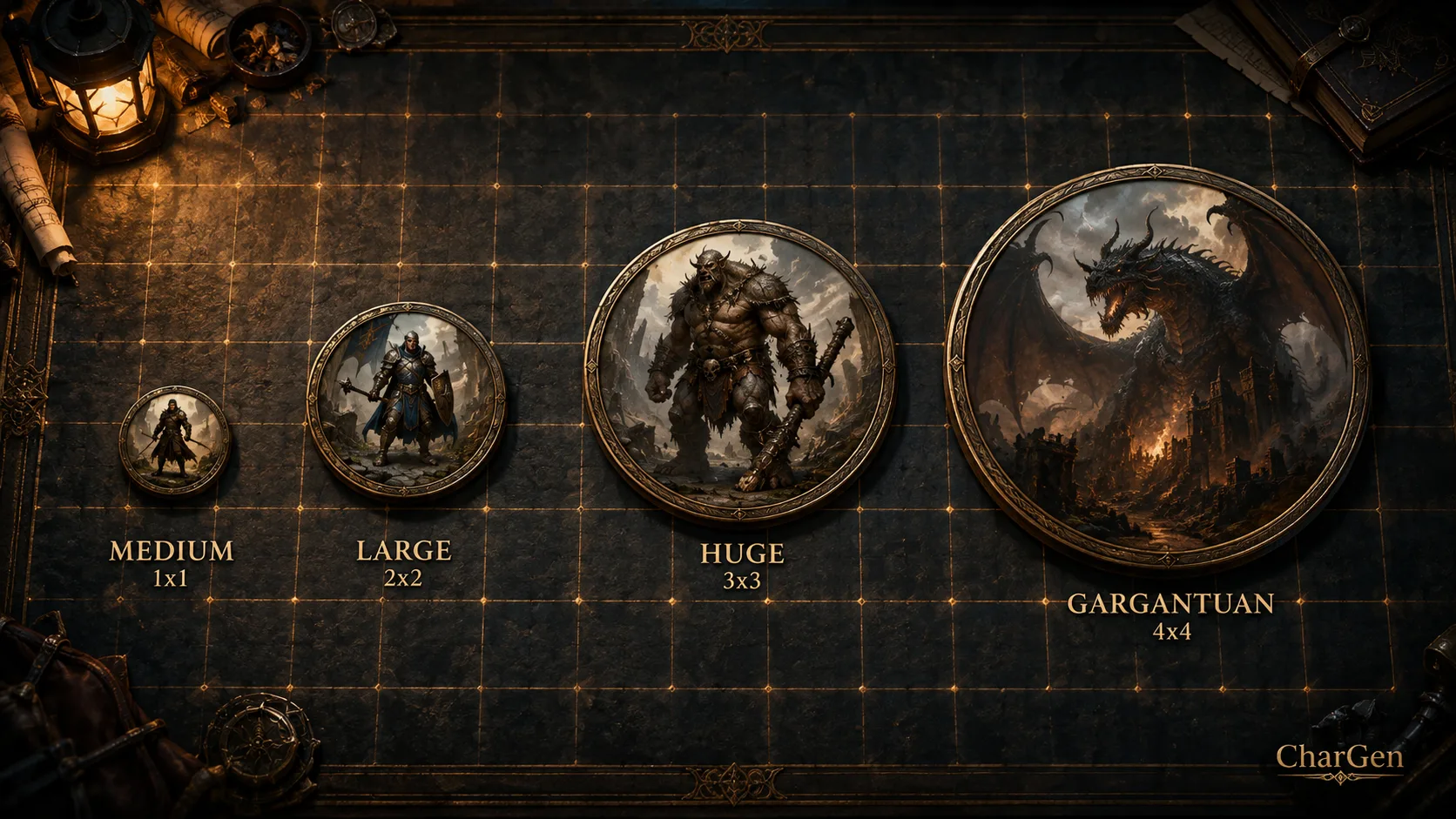 A dark tactical battle grid showing four circular fantasy tokens at increasing sizes, labelled Medium 1x1, Large 2x2, Huge 3x3 and Gargantuan 4x4, with a brass lantern and rolled maps at the edges