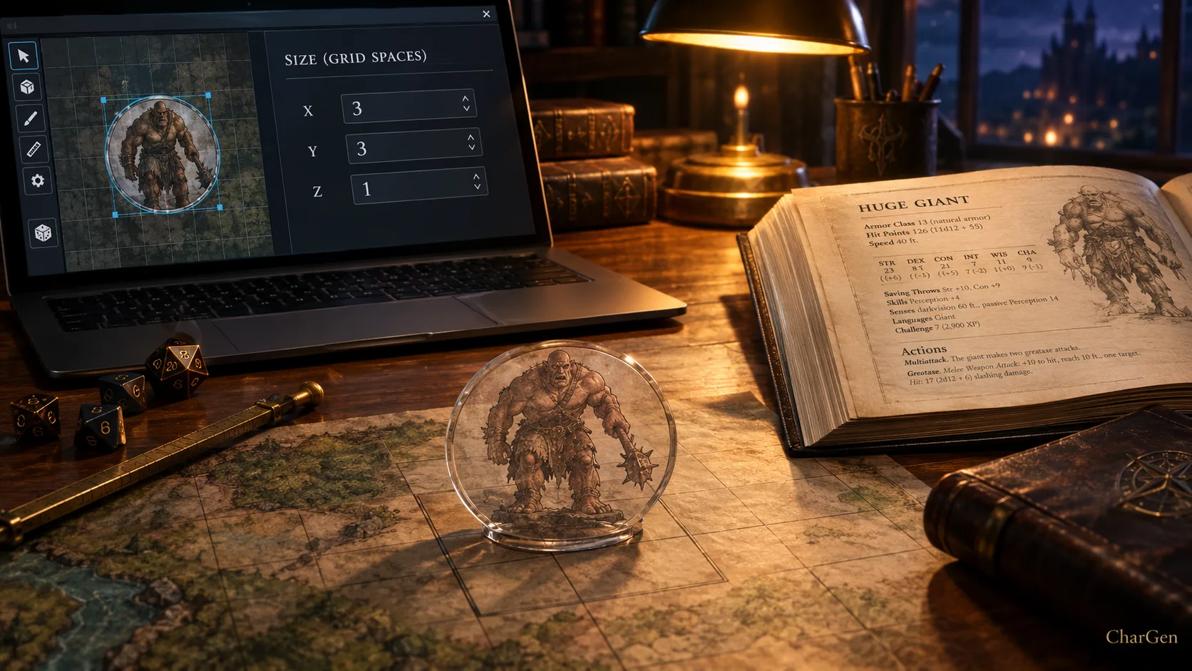 A dungeon master's desk at night with a laptop showing a virtual tabletop token panel headed Size (Grid Spaces) with X 3, Y 3 and Z 1, beside an open Huge Giant stat block and a circular ogre token on a gridded map
