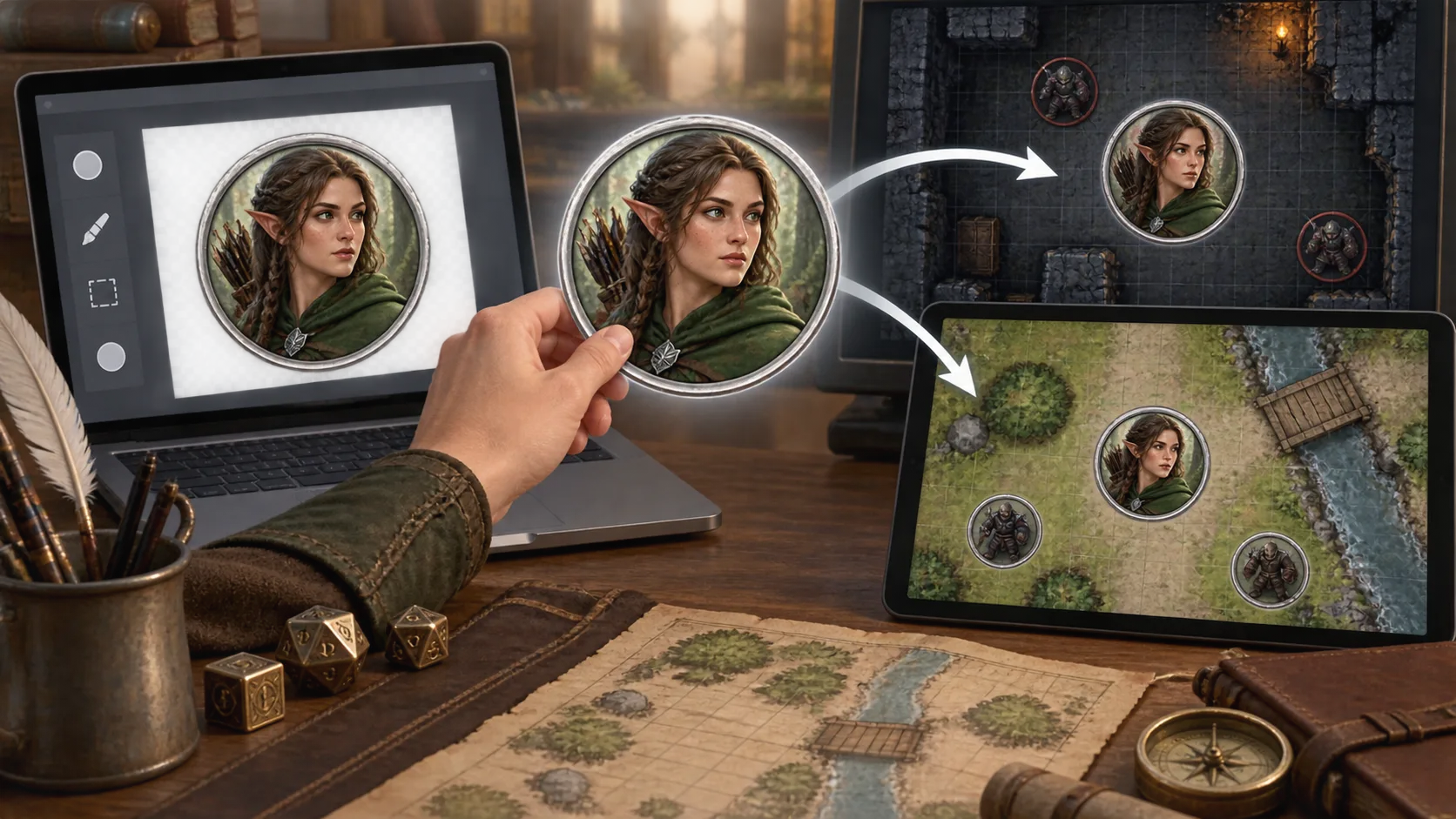 A finished transparent token moves from a browser workbench to two virtual tabletop map views