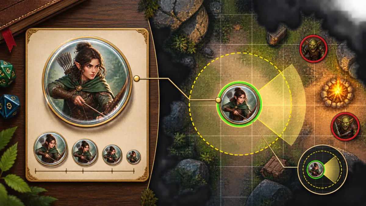 A Foundry Prototype Token and Placed Token workflow showing the same transparent D&D token with different scene settings
