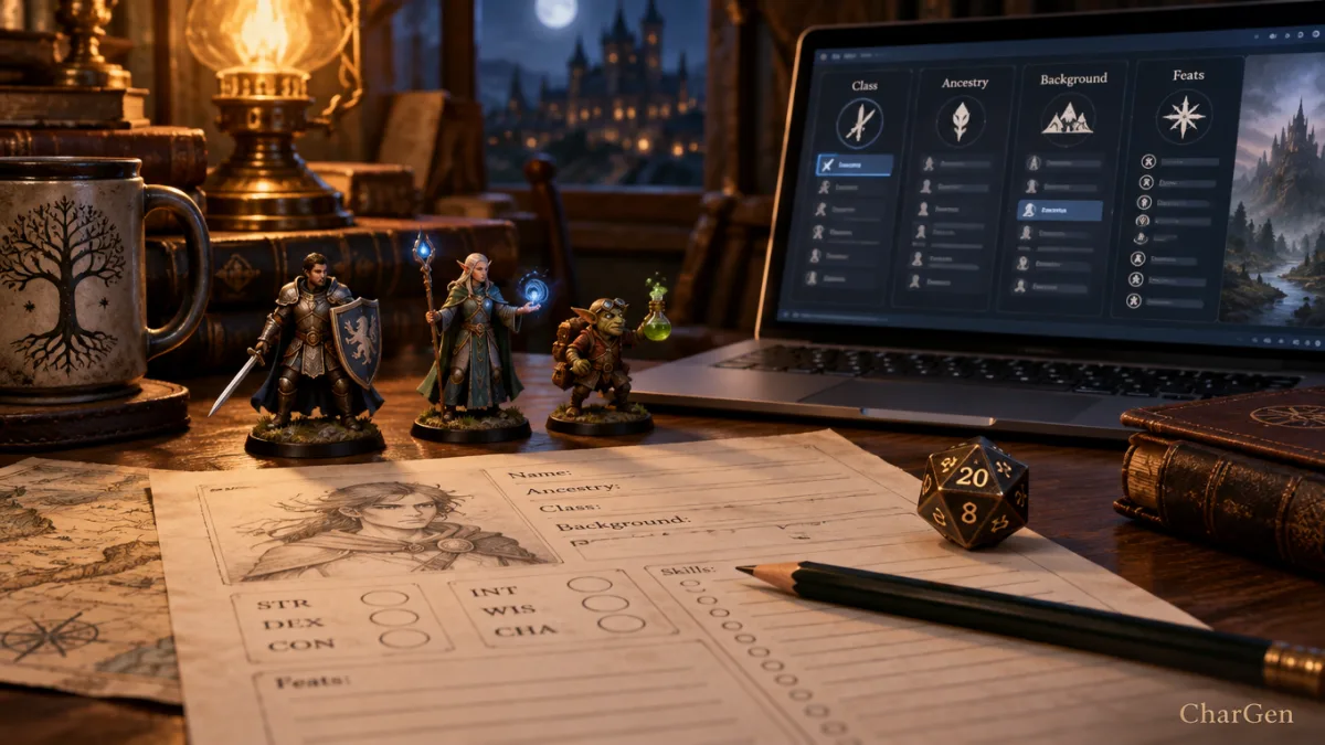 A game master's desk at night with a half-finished fantasy character sheet, a d20, three painted miniatures and a laptop showing class, ancestry and feat choices