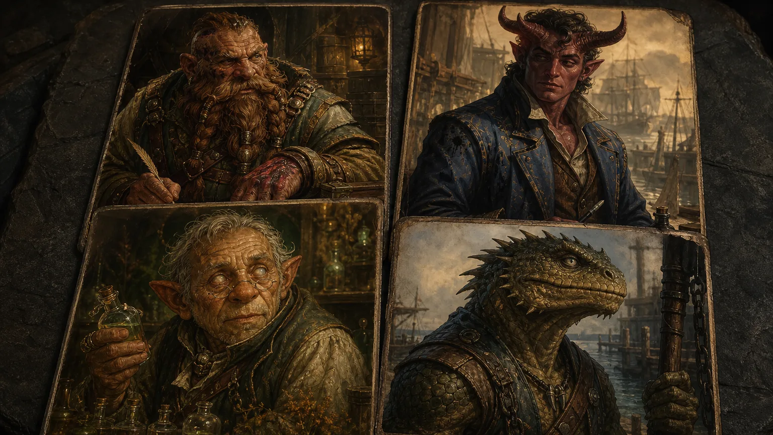 Four fantasy NPC portrait cards for a Pathfinder 2e campaign, showing a dwarven quartermaster, a tiefling clerk, a halfling apothecary and a lizardfolk enforcer