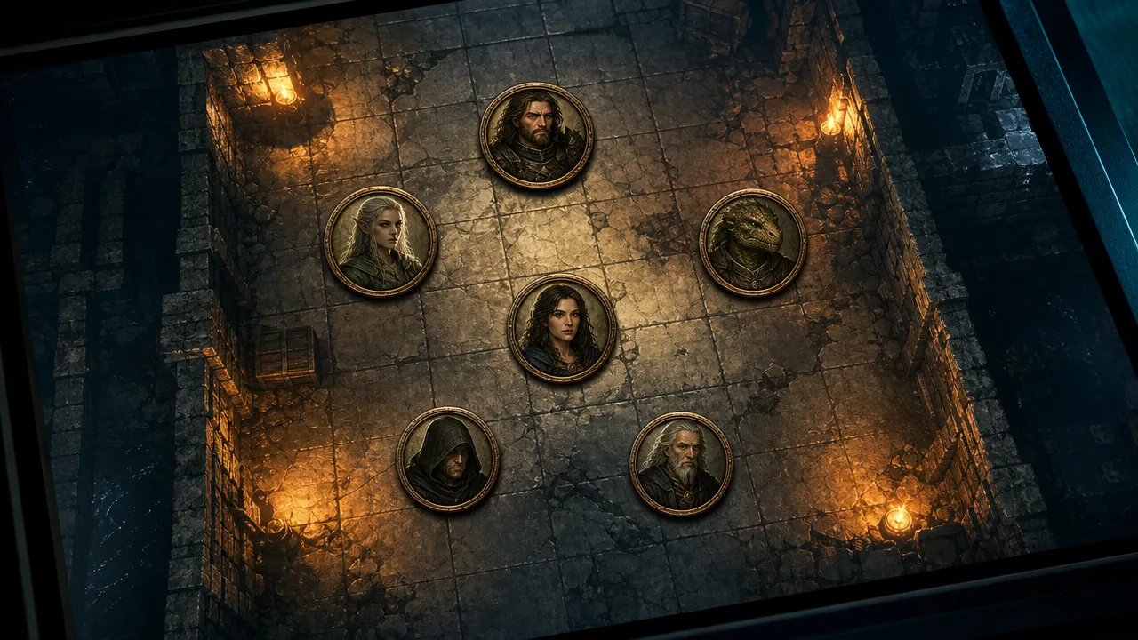 Top-down view of a stone dungeon corridor battlemap with six circular character tokens in ornate metal rings placed on the grid under torchlight