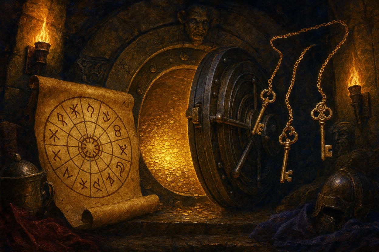 A grand stone vault door slightly ajar revealing a glowing pile of gold coins, three keys floating beside it on golden chains, a parchment unfurled showing a year-cycle wheel marked with twelve runes, lit by dramatic torchlight