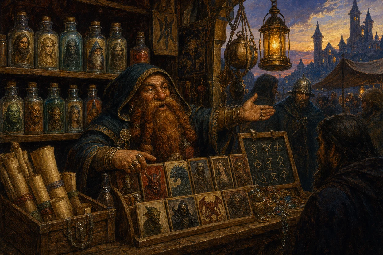 A bustling fantasy market merchant stall at twilight, a cloaked dwarven merchant gesturing at his wares, shelves stacked with potion bottles labelled like character portraits, monster cards, and scroll bundles, lit by lantern light