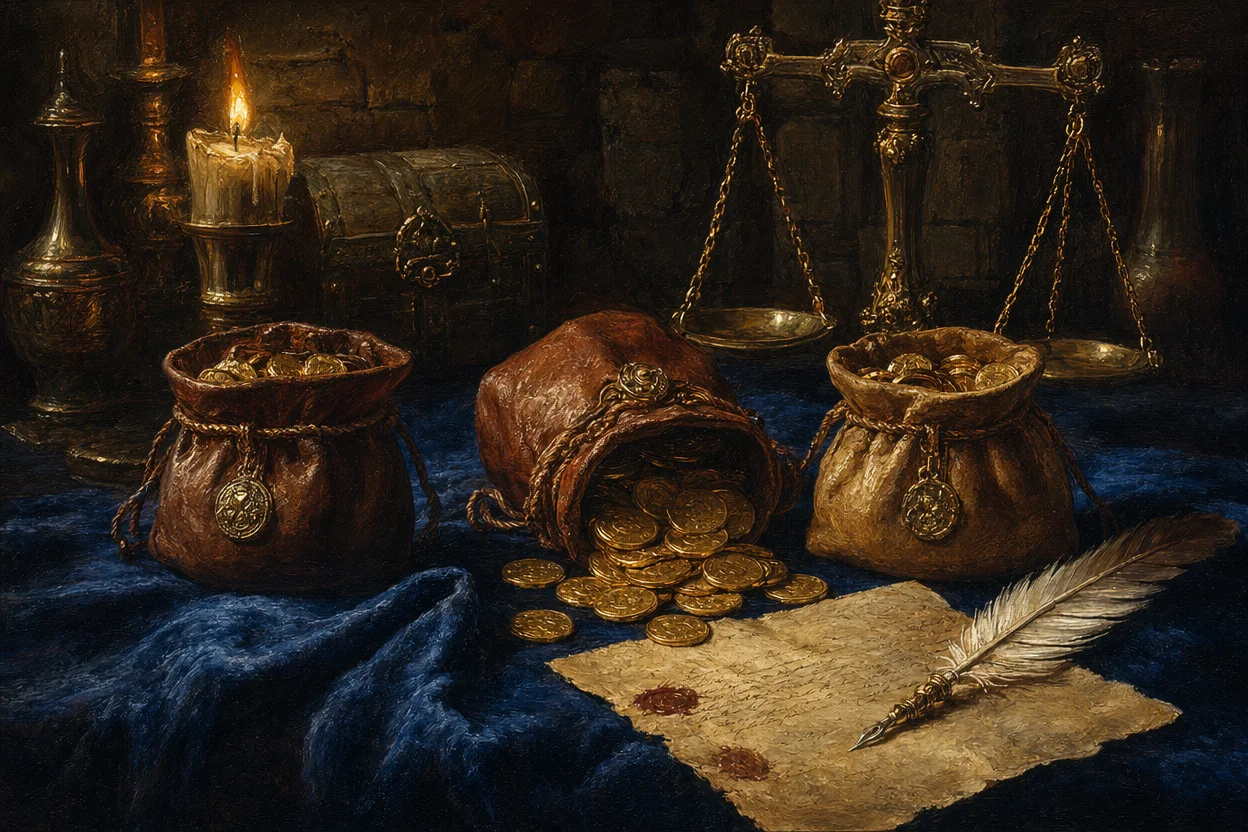 A row of three leather coin pouches on a velvet cloth in a treasury, the middle one tipped over spilling extra gold coins, a quill and a signed contract beside them, lit by candlelight with brass scales in the background