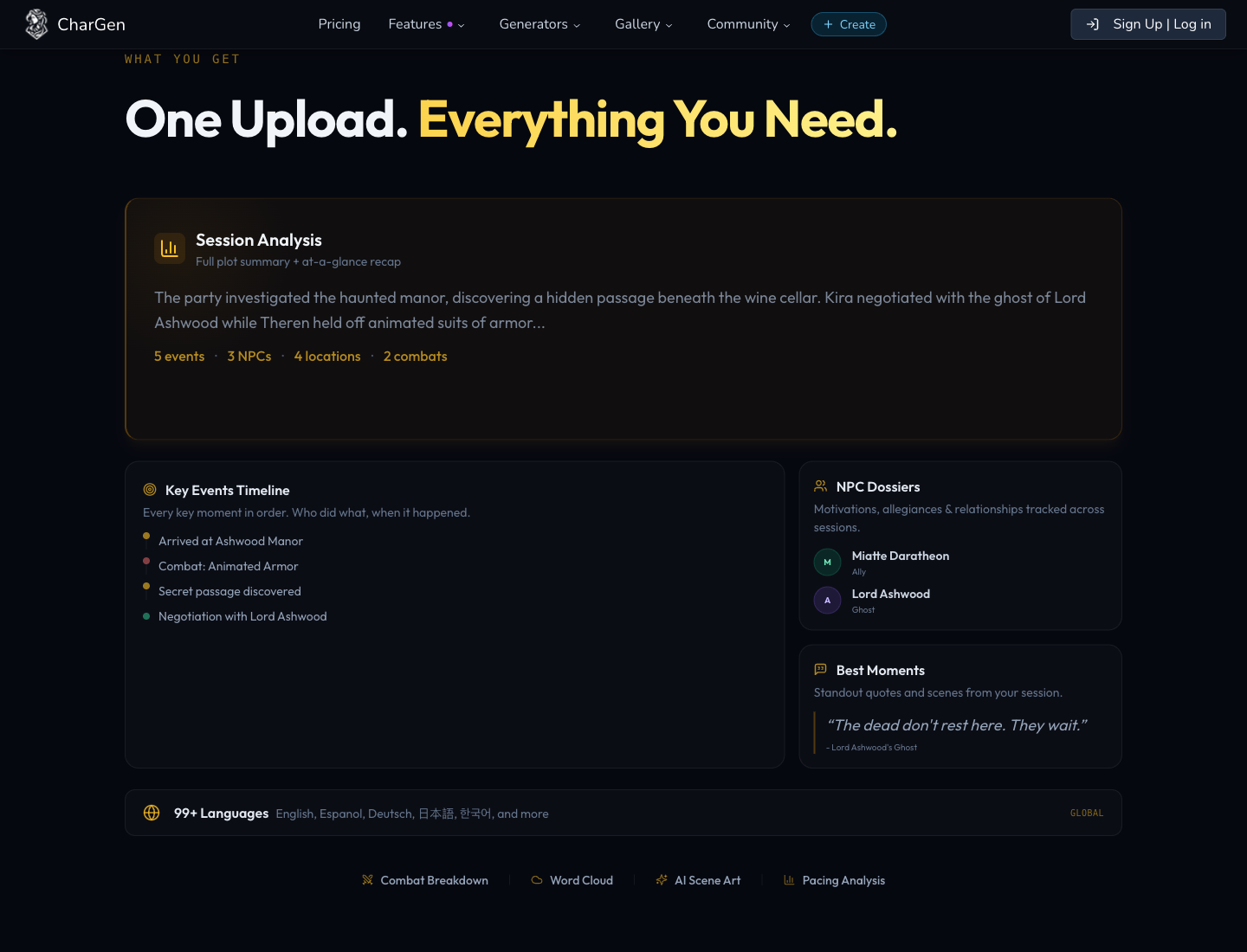 Session recap workspace linking events, entities, and follow-up hooks for the next session