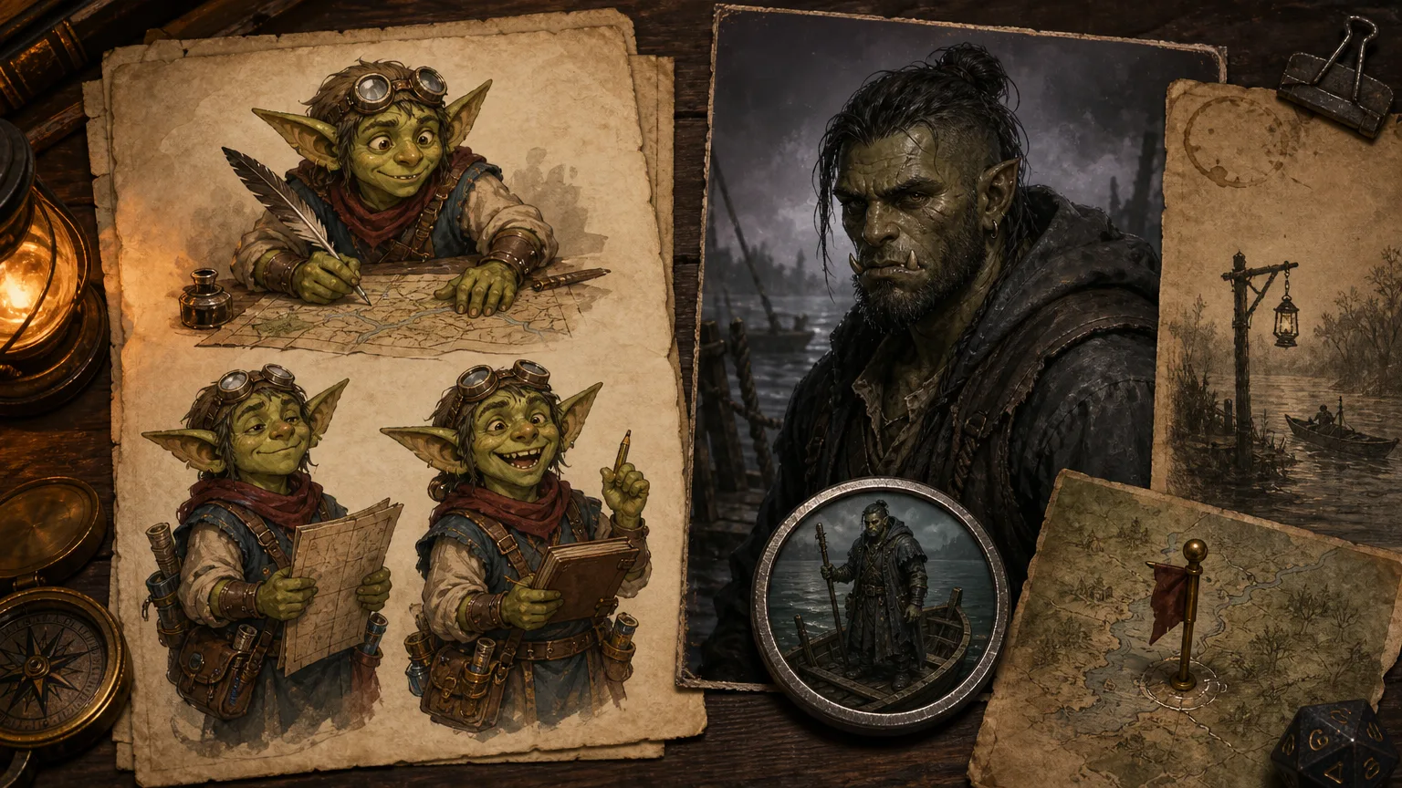 Illustrated recurring character scenes on one side and a fantasy portrait-to-token tabletop workflow on the other