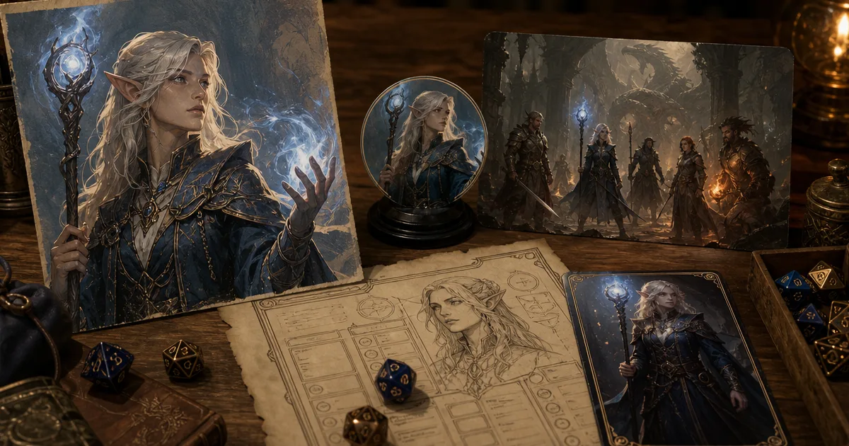 D&D character art comparison board with fantasy portraits, a VTT token, party scene, and illustrated character cards