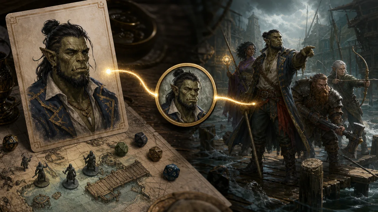 Fantasy portrait flowing into a circular VTT token and then a full adventuring party scene for a D&D campaign