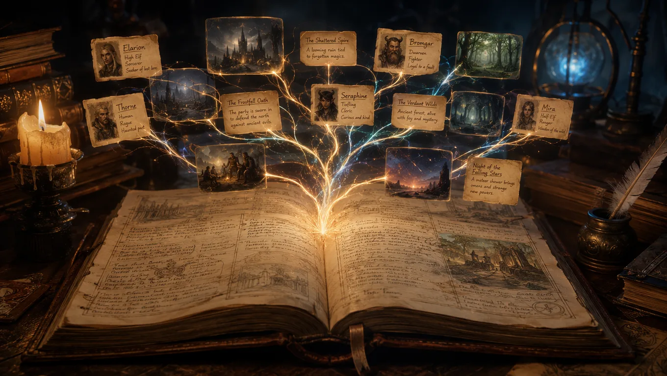 A glowing campaign codex of session recaps and a searchable canon wiki, representing the TabletopArc memory layer for a tabletop RPG