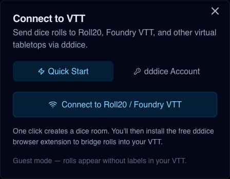 VTT connection and settings workflow for labelled dice roll tracking