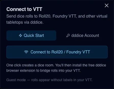 VTT connection and settings workflow for labelled dice roll tracking