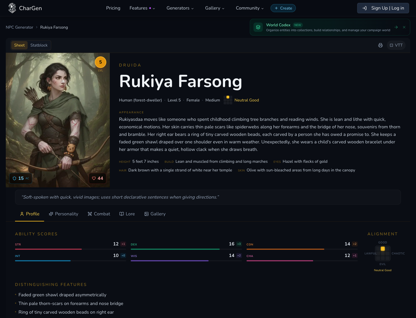 CharGen workspace view used for campaign prep and VTT-linked play