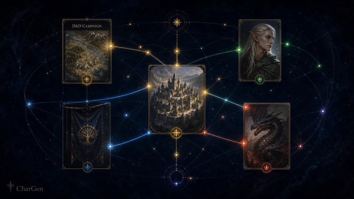 A glowing relationship web of connected D&D campaign cards, an NPC, a settlement, a faction and a dragon, linked by colour-coded lines