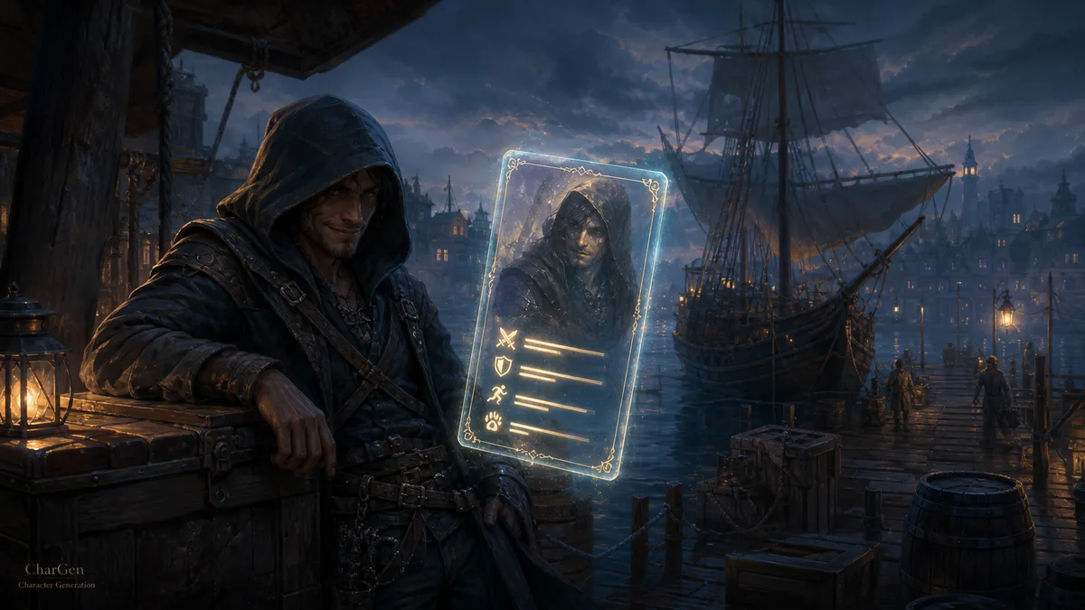 A misty fantasy harbour at dusk with a hooded smuggler and a faint glowing character card materialising beside him