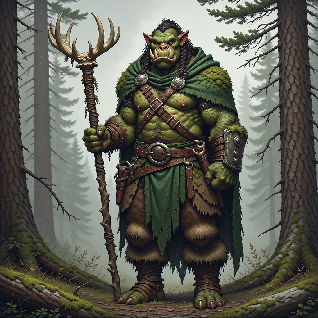 Half-orc druid with an antler staff in a misty forest, illustrated style, generated with Chroma