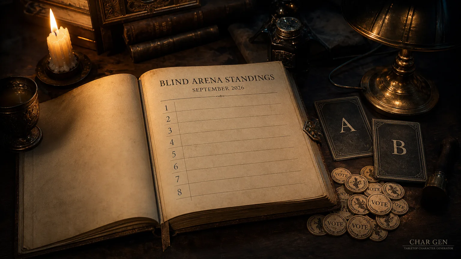 A Dungeon Master's ledger records the September 2026 Blind Arena standings beside two face-down candidate cards and a pile of vote tokens