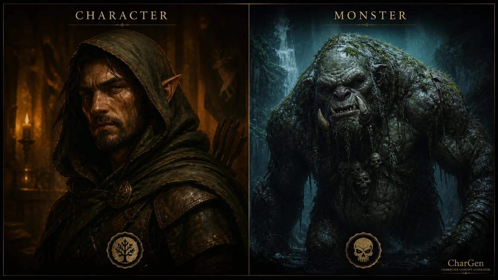 Two painted panels labelled Character and Monster show that different AI image models win different D&D art jobs