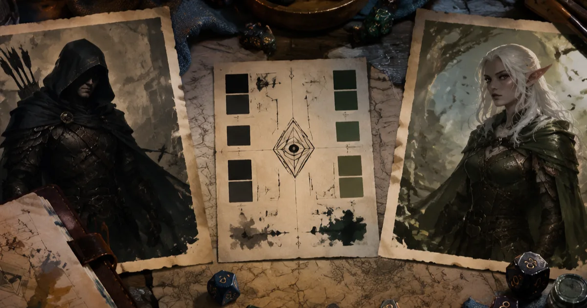 Two anonymous fantasy character portraits beside one shared D&D art brief on a Dungeon Master's desk