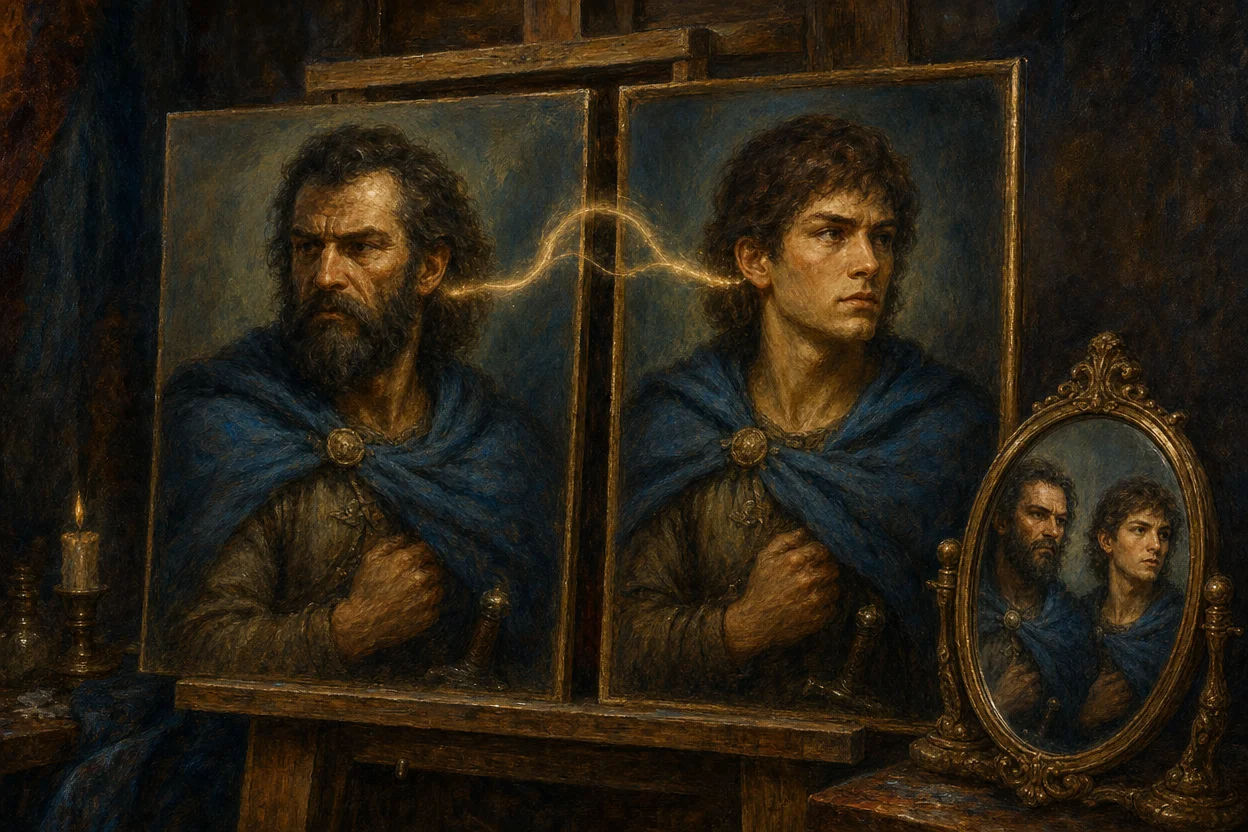 Two oil-painted character portraits side by side on a wooden easel, one with a stern bearded face, the other with the same body wearing a different younger face, connected by a glowing thread of light, with a small magic mirror reflecting both