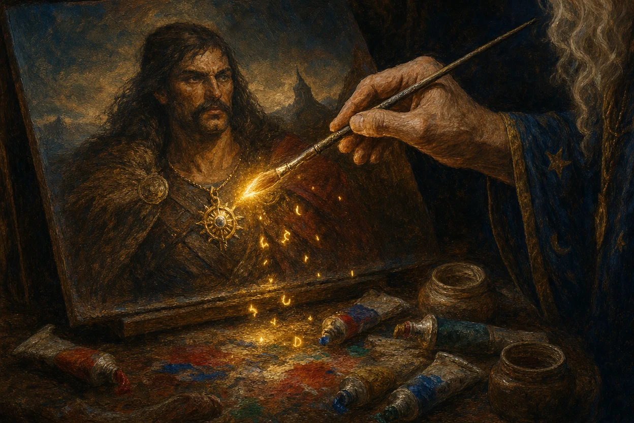 A wizard's hand using a glowing magical brush to repaint a small section of a character portrait on canvas, the brushstroke leaving behind a new amulet detail on the figure's chest, with tiny rune sparks falling and scattered tubes of magical pigment around