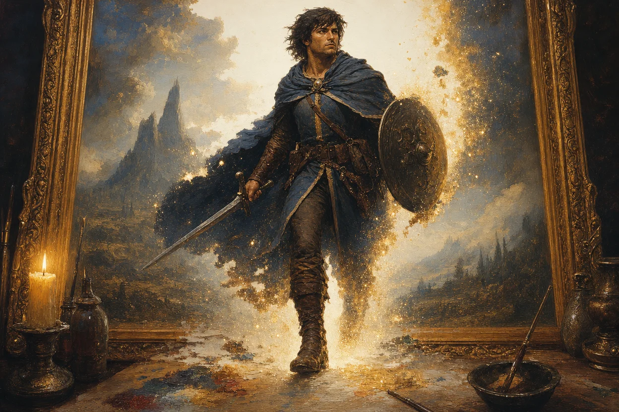 A character portrait on an enchanter's table being magically lifted away from its painted background, the background dissolving into floating gold motes, the figure now haloed in clean white space ready to be placed on a token, with a gilt frame visible at the edges