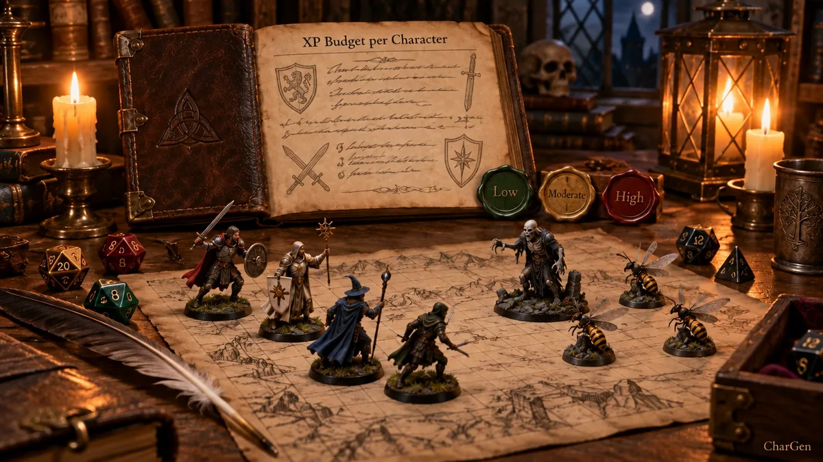 A Dungeon Master's desk at night with an open ledger headed XP Budget per Character, wax seals marked Low, Moderate and High, and four adventurer miniatures facing a wight and giant wasps on a grid map