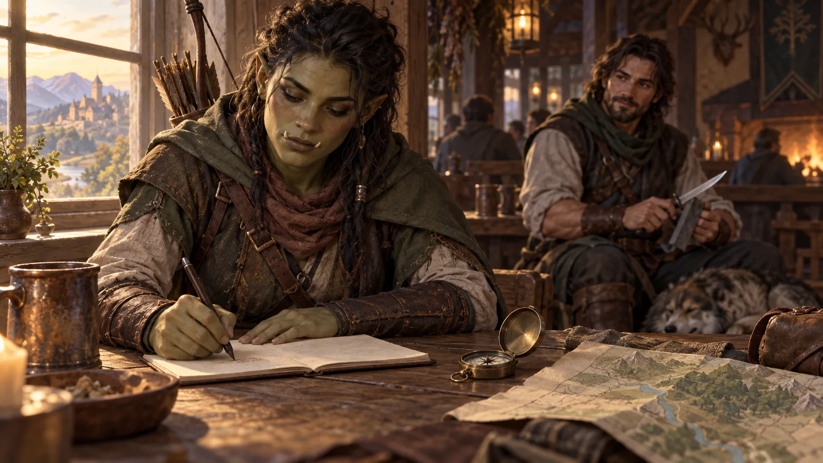 Half-orc ranger writing a short D&D backstory beside a compass and campaign map
