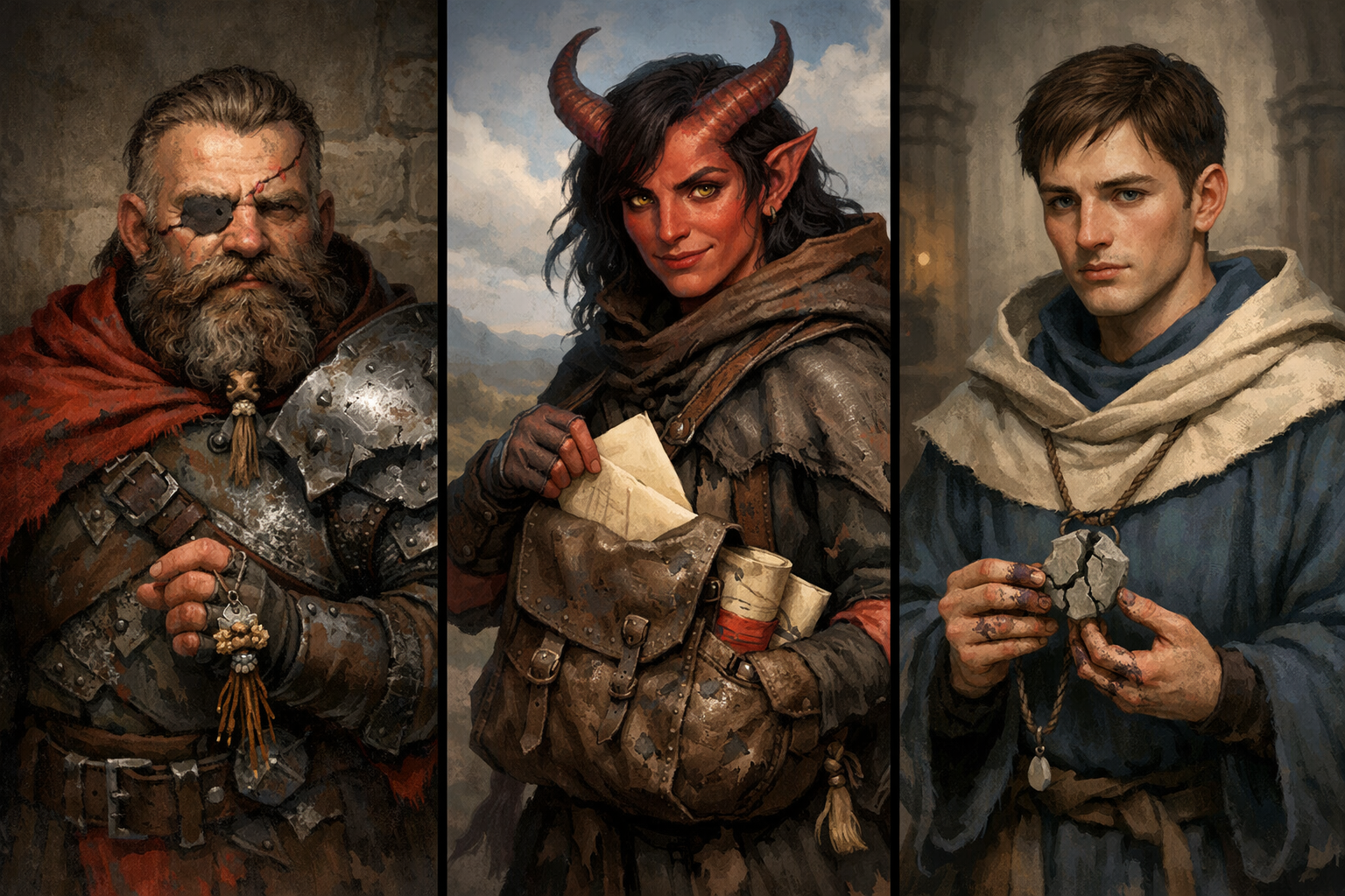 Three fantasy character concepts built from concise playable backstory prompts